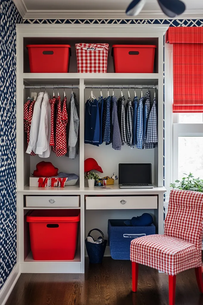 Here's a description of the image:

A built-in white closet, accented with red and navy blue gingham details, is neatly organized.  The upper shelves hold red and gingham storage bins.  The closet's hanging space features children's clothing in coordinated red, white, and navy blue patterns. Below, drawers and additional red bins provide further storage. A small desk with a laptop sits beneath the hanging clothes. A red and white gingham chair is positioned nearby. The overall style is clean, organized, and playfully nautical-themed.  The wall features a navy blue and white patterned wallpaper.