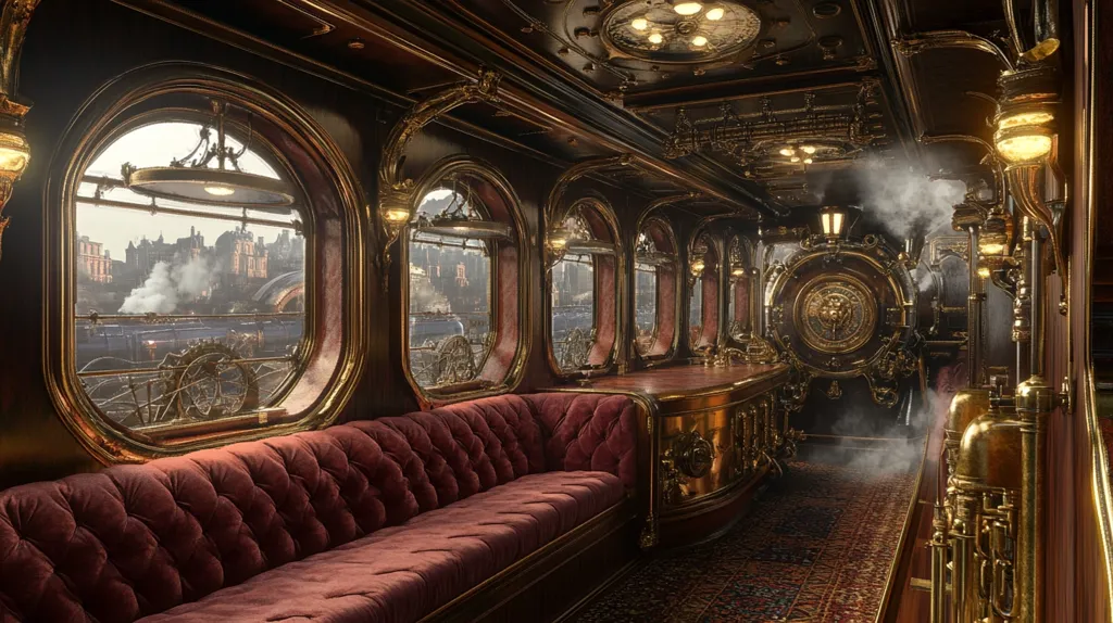 Here's a description of the image:

The image depicts the opulent interior of a steampunk-style train carriage. Rich, dark wood paneling and ornate gold accents dominate, contrasting with plush, burgundy velvet seating. Large, arched windows offer views of a steam-powered train passing a picturesque town, smoke billowing in the distance.  Intricate brass piping and mechanical details are visible, emphasizing the technological aspects of the design. The overall ambiance is one of luxurious, old-world travel with a futuristic twist.