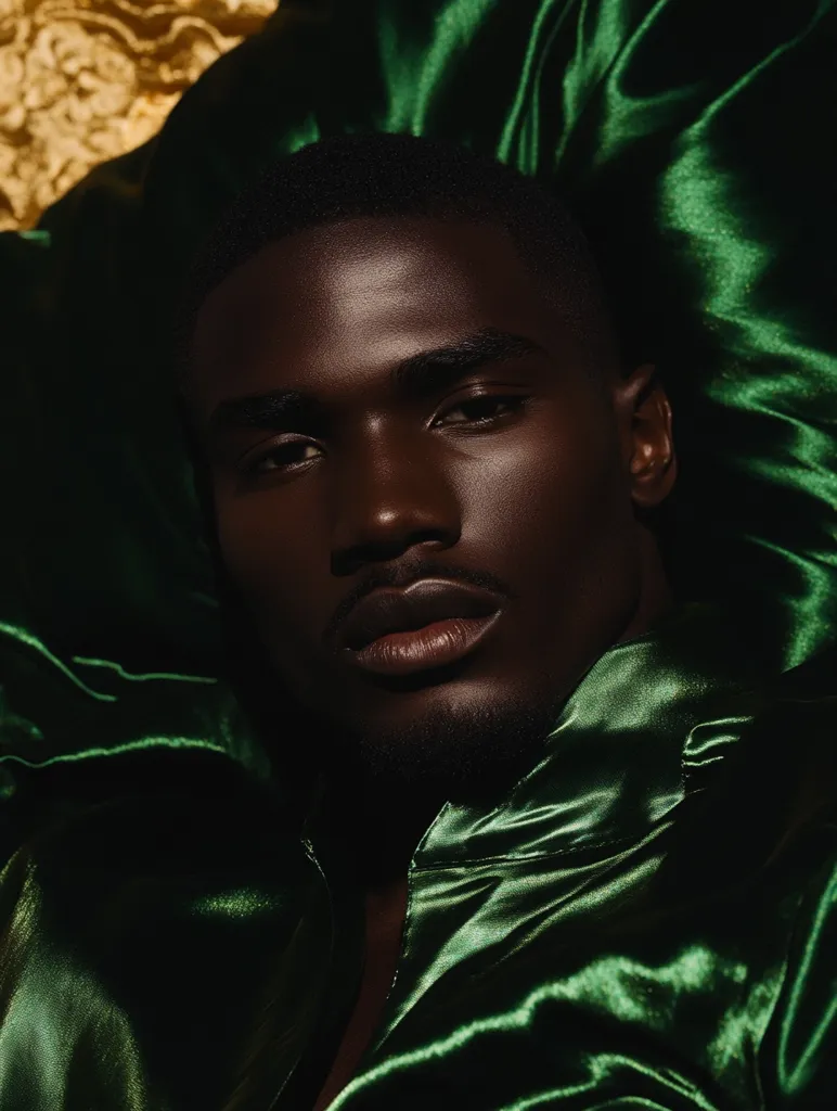 Here's a description of the image:

Close-up portrait of a dark-skinned man with a serious expression. He is partially reclined, seemingly resting on rich, emerald green satin fabric that drapes around him.  The satin's sheen and folds create a dramatic backdrop, contrasting with the man's dark skin and intense gaze.  The lighting is moody and dramatic, focusing primarily on his face and upper body, leaving parts of the background in shadow.  The overall mood is one of sophisticated intensity and calm strength.