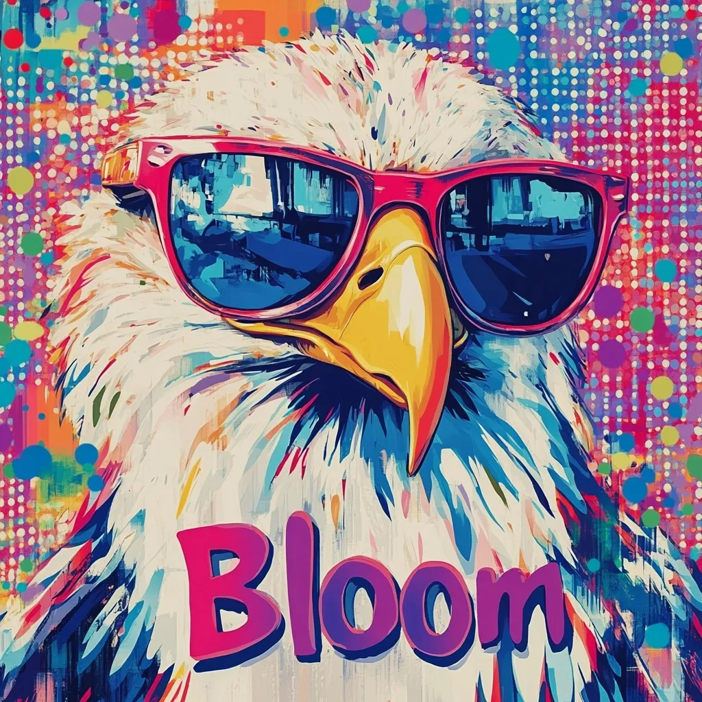 A vibrant, stylized painting depicts an eagle's head and upper chest. The eagle sports bright pink sunglasses, its features rendered in bold, colorful strokes.  The background is an explosion of multicolored dots and abstract shapes, creating a dynamic and energetic backdrop.  The word "Bloom" is prominently displayed beneath the eagle in large, purple and pink lettering, adding a layer of symbolic meaning to the piece. The overall style is reminiscent of pop art or graffiti.