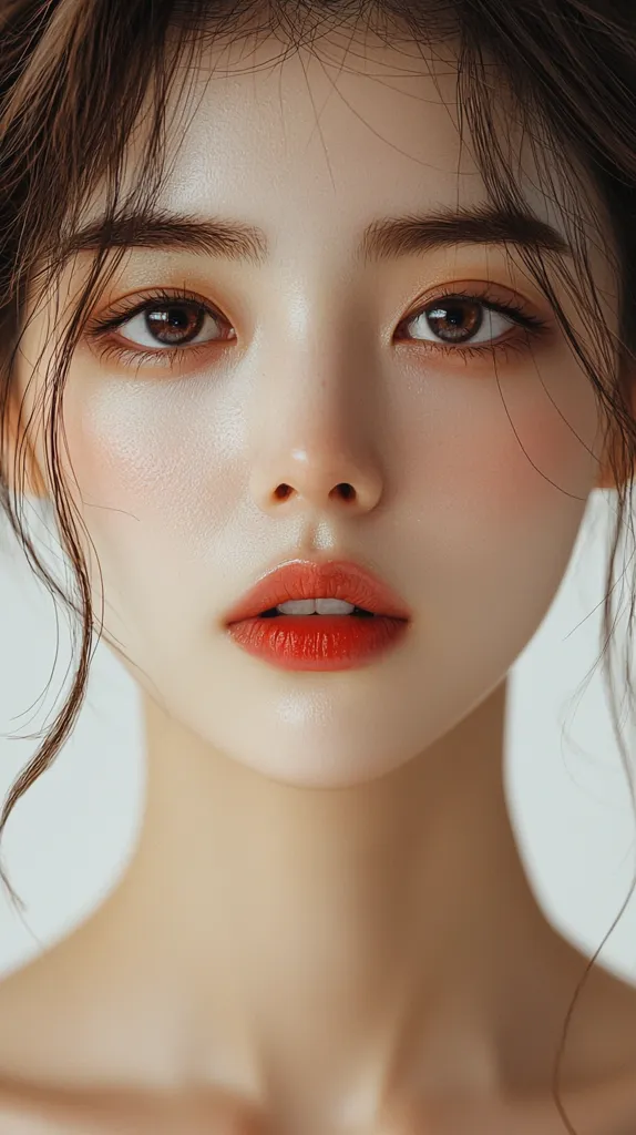 Close-up of a young woman's face.  She has dark brown hair, subtly defined eyebrows, and warm-toned makeup featuring a coral lipstick. Her skin is flawless and appears smooth and even-toned.  The lighting is soft and highlights her features, creating a serene and elegant portrait.  The overall impression is one of beauty and natural grace.