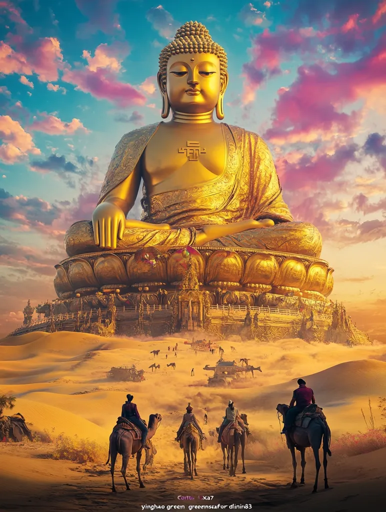 A colossal golden Buddha statue, seated atop a magnificent temple, dominates a desert landscape under a vibrant sunset sky.  Small figures on camels traverse the sand towards the majestic structure, creating a sense of pilgrimage or journey. The scene is surreal and evokes a feeling of spiritual significance and vastness. The artwork’s color palette is rich and warm, highlighting the Buddha's golden glow against the orange and purple hues of the sky and sand.