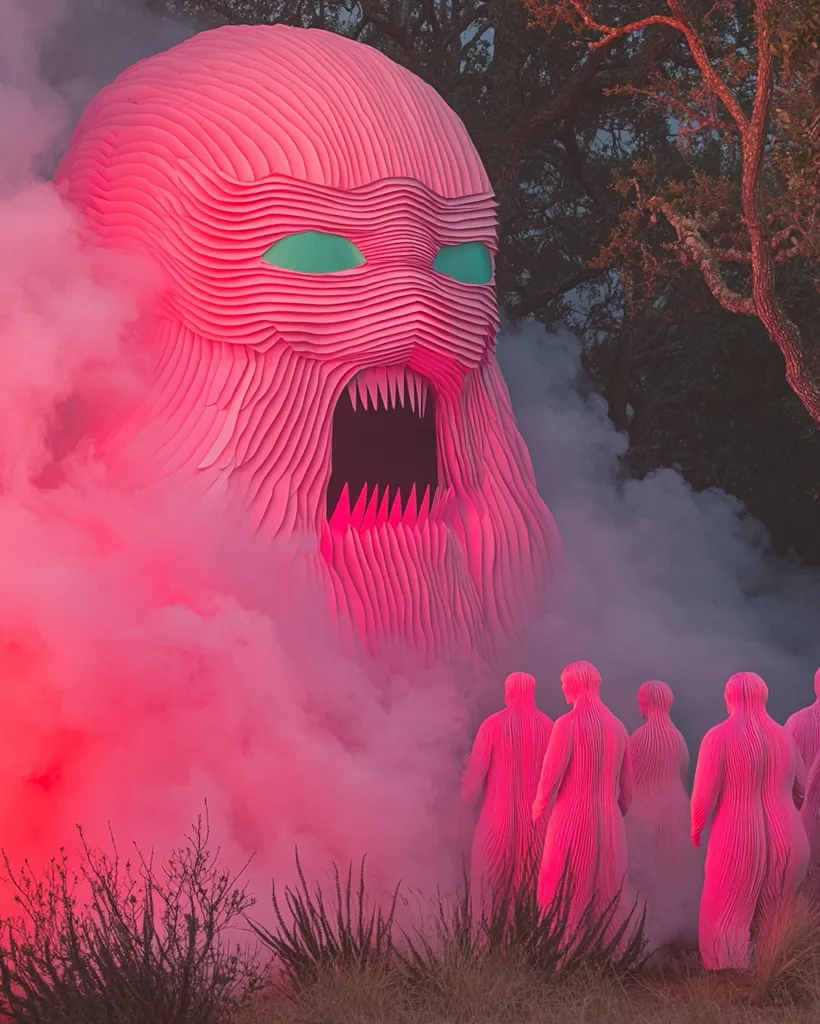 Here's a description of the image:

A large, monstrous pink head, seemingly sculpted from layered paper or fabric, dominates the foreground.  Its face is expressive with menacing, jagged teeth and bright teal eyes.  Pink smoke or fog swirls around the head, creating a dramatic, otherworldly atmosphere. Behind the head, several smaller, identical pink figures, possibly human-like in form, move away from it. The scene is set outdoors at dusk or dawn, with dark trees and shrubs in the background.  The overall effect is surreal and somewhat unsettling.