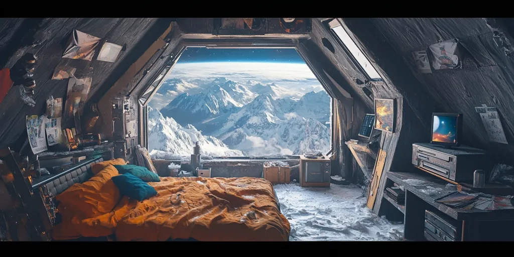 The image depicts a cozy attic bedroom with a breathtaking view. A large window reveals a stunning vista of snow-capped mountains under a clear sky, seemingly from a high altitude.  The room itself is rustic and cluttered, with posters, personal items, and electronics scattered around a bed with an orange comforter.  A layer of snow on the floor suggests a cold, possibly remote location. The scene is a blend of comfort and adventure, blending a lived-in feel with an epic backdrop.
