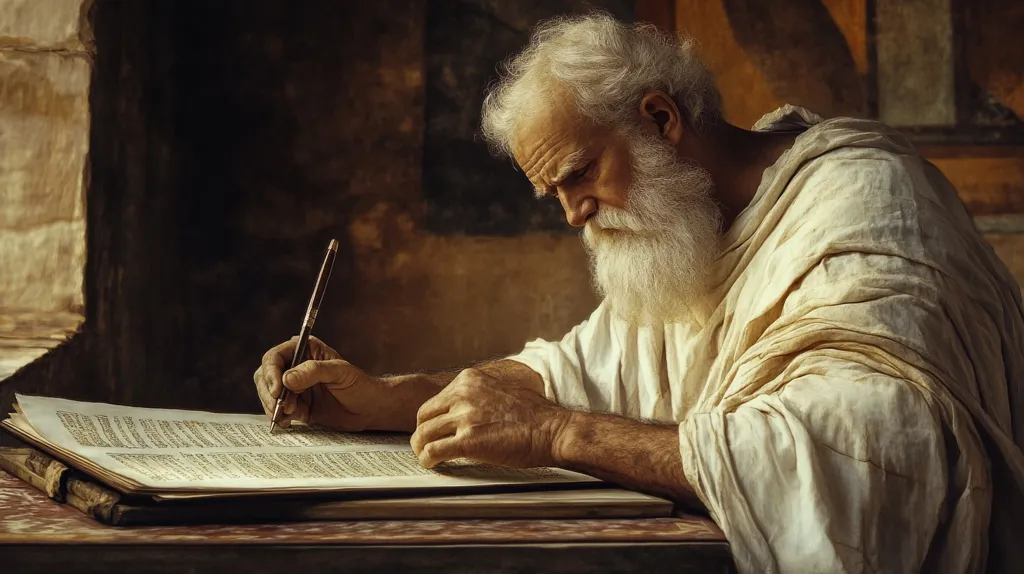 An elderly, long-bearded man, dressed in a simple, light-colored robe, sits intently at a wooden desk.  He meticulously writes in a large, open book with a quill pen, his concentration evident in his furrowed brow. The scene is dimly lit, creating a warm, aged atmosphere reminiscent of a historical or biblical setting.  The image suggests deep contemplation and the careful recording of important information.