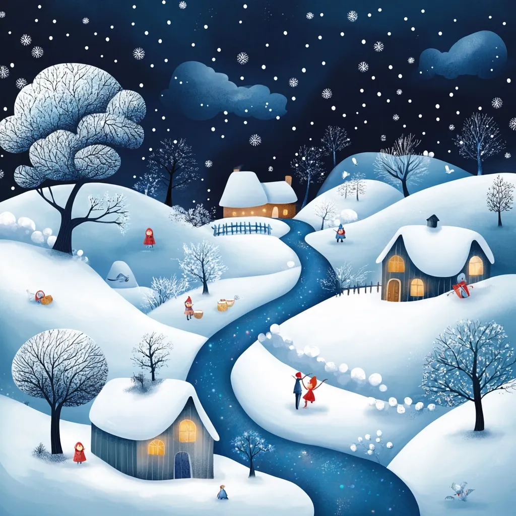 A whimsical winter scene unfolds under a starlit night sky. Snow-dusted hills cradle quaint houses with glowing windows, a winding, sparkling river meanders through the landscape. Tiny figures, some in red cloaks, engage in festive activities, adding a touch of enchantment. Bare trees stand silhouetted against the dark blue sky, while snowflakes gently fall, completing this charming, peaceful winter wonderland.