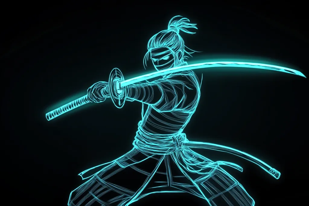The image depicts a stylized samurai, rendered in glowing teal lines against a black background.  The samurai is mid-strike, wielding a katana with a gracefully curved blade.  The figure is detailed, showing flowing clothing and a topknot, yet maintains an ethereal, almost spectral quality due to its line-art style. The overall aesthetic is modern and dynamic, suggesting speed and power. The dark background enhances the luminescence of the samurai and their weapon.