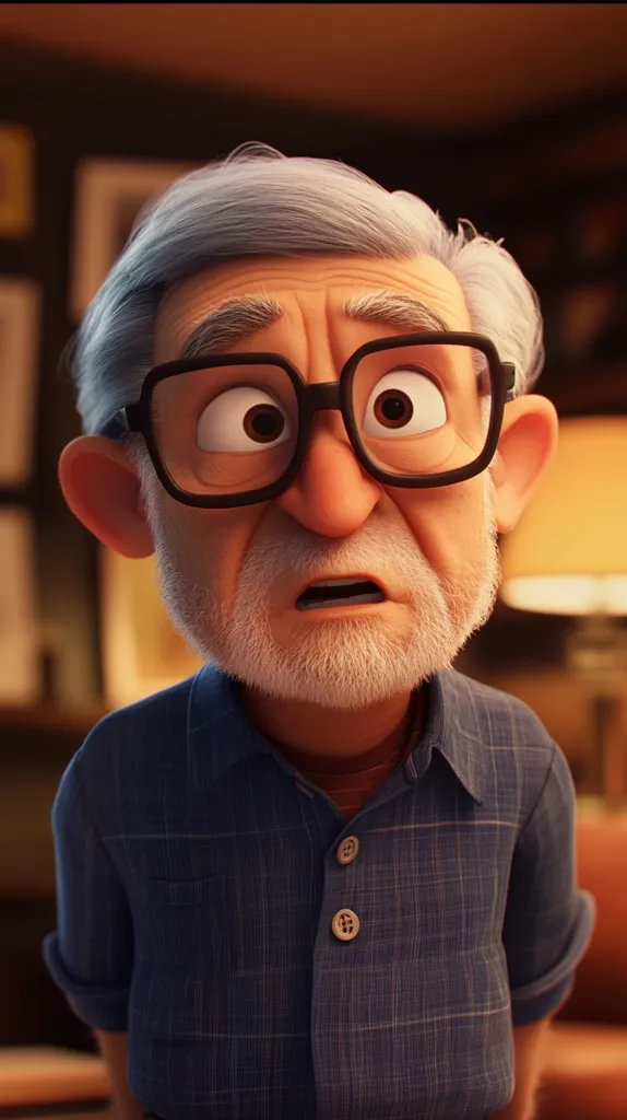 Close-up of an animated elderly man. He has short, light gray hair, thick-rimmed glasses, and a worried expression. His face is etched with wrinkles, and he has a short, neatly trimmed white beard.  He's wearing a blue plaid, button-down shirt. The background is blurry, suggesting an indoor setting with dim lighting and hints of furniture.  His overall appearance conveys concern or apprehension.