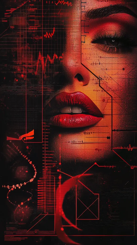 Here's a description of the image:

The image is a striking digital artwork featuring a close-up of a woman's face, predominantly in shades of red and black.  Her face is partially obscured by a network of glowing red lines suggesting circuitry or data streams, creating a futuristic or technological aesthetic. The woman's lips are a vibrant red, drawing attention to a sensual focal point amidst the abstract background. The overall mood is dark, intense, and slightly mysterious, blending elements of beauty and technology in a visually captivating way.