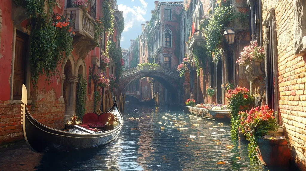 A picturesque Venetian canal scene unfolds, showcasing a gondola gracefully gliding along the calm water.  Sunlit, aged brick buildings line the canal, their walls adorned with vibrant flowers in overflowing window boxes and balconies.  A stone bridge arches over the canal in the distance, adding depth to the idyllic setting. The overall ambiance is one of serene beauty and classic Venetian charm.