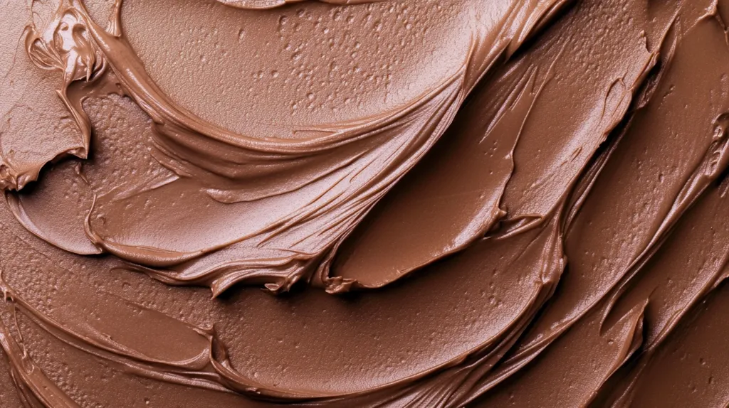 Here's a description of the image:

The image is a close-up shot of a smooth, rich, chocolate-colored spread, possibly Nutella or a similar hazelnut chocolate cream.  The texture is thick and creamy, with visible swirls and peaks created by the application or spreading of the substance. The lighting highlights the glossy sheen and subtle variations in the brown tones.  The overall impression is one of decadent sweetness and smooth, luxurious texture.