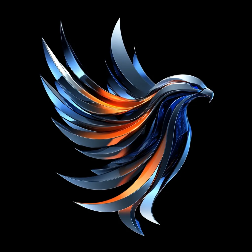 Here is a description of the image:

The image shows a stylized metallic eagle, rendered in shades of blue and orange. Its wings are composed of numerous sharp, angular feathers, giving it a sleek, almost futuristic appearance. The eagle's head is clearly defined, with a sharp beak and piercing eye. The metallic surface reflects light, enhancing the sense of depth and texture.  The background is solid black, providing a stark contrast and drawing attention to the eagle's vibrant colors and intricate design.  The overall impression is one of power, speed, and modern sophistication.
