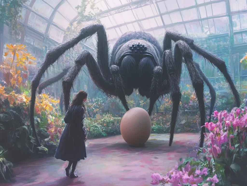 Here's a description of the image:

The artwork depicts a young woman in a dark coat standing before an enormous, hairy spider in a vibrant greenhouse.  The spider, a colossal arachnid, looms over her, its legs spanning the width of the scene. A large, tan egg rests on the ground between them.  Lush, colorful flowers and plants surround them, providing a stark contrast to the dark spider. The greenhouse’s glass ceiling and walls let in soft, diffused light, creating a dreamlike atmosphere. The overall style is painterly and slightly surreal, with a focus on contrast between the delicate floral setting and the imposing spider.
