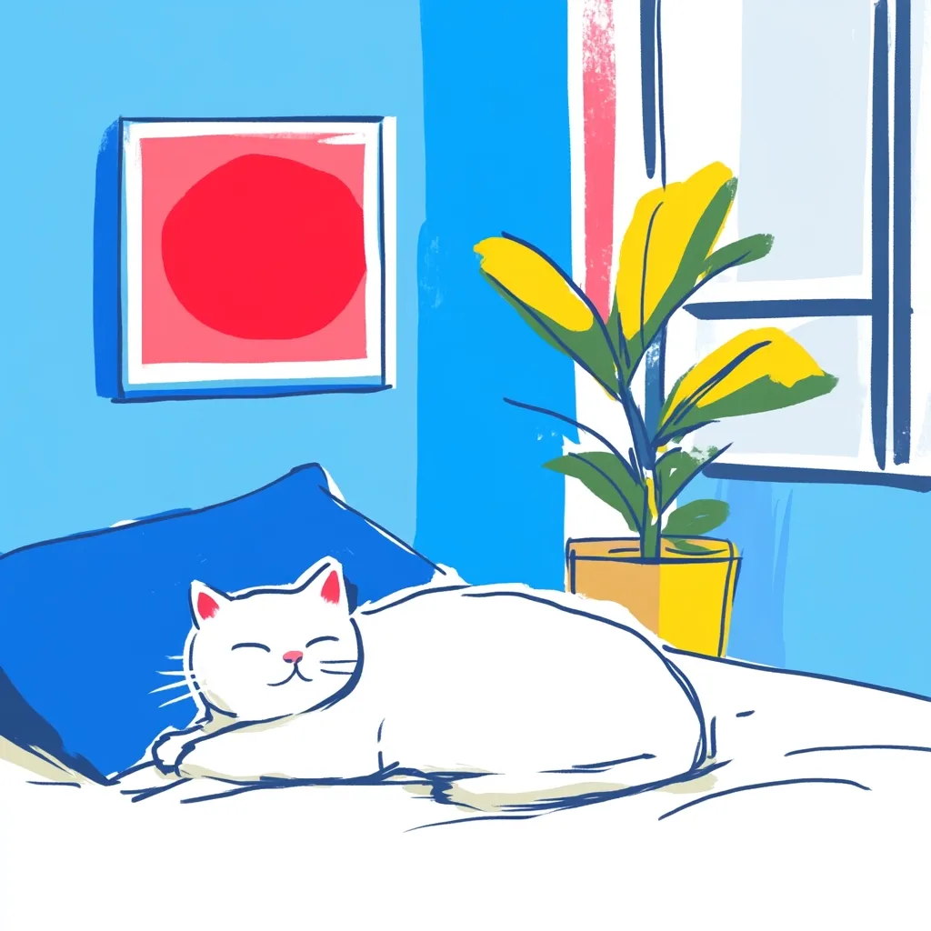 Here's a description of the image:

The illustration showcases a white cat peacefully sleeping on a bed in a bright, stylized room. The cat is curled up on a white bed with a blue pillow, its eyes closed in contentment.  The room's walls are a vibrant blue, accented by a framed piece of abstract art featuring a large red circle and a potted yellow plant with green leaves near a window. The overall style is loose and expressive, with bold colors and visible brushstrokes creating a playful, almost childlike aesthetic.