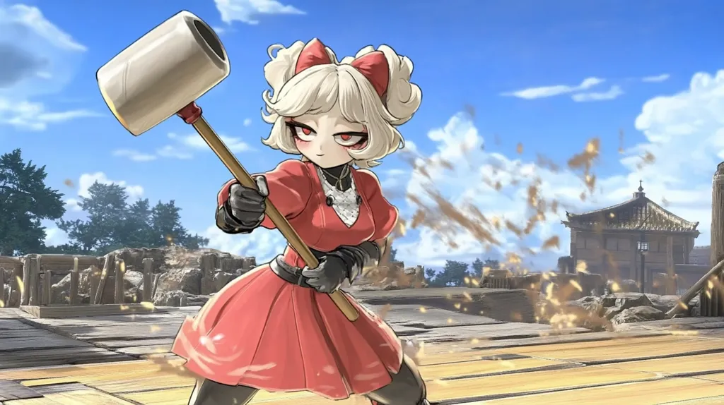 A stylized anime-style girl with blonde hair in pigtails and a red dress wields a large mallet.  Dust and debris fly around her as she swings the weapon with determined force. The background depicts a partially ruined, Asian-inspired building under a bright, sunny sky. The overall aesthetic suggests a game or animation.  The girl’s expression is serious and focused.