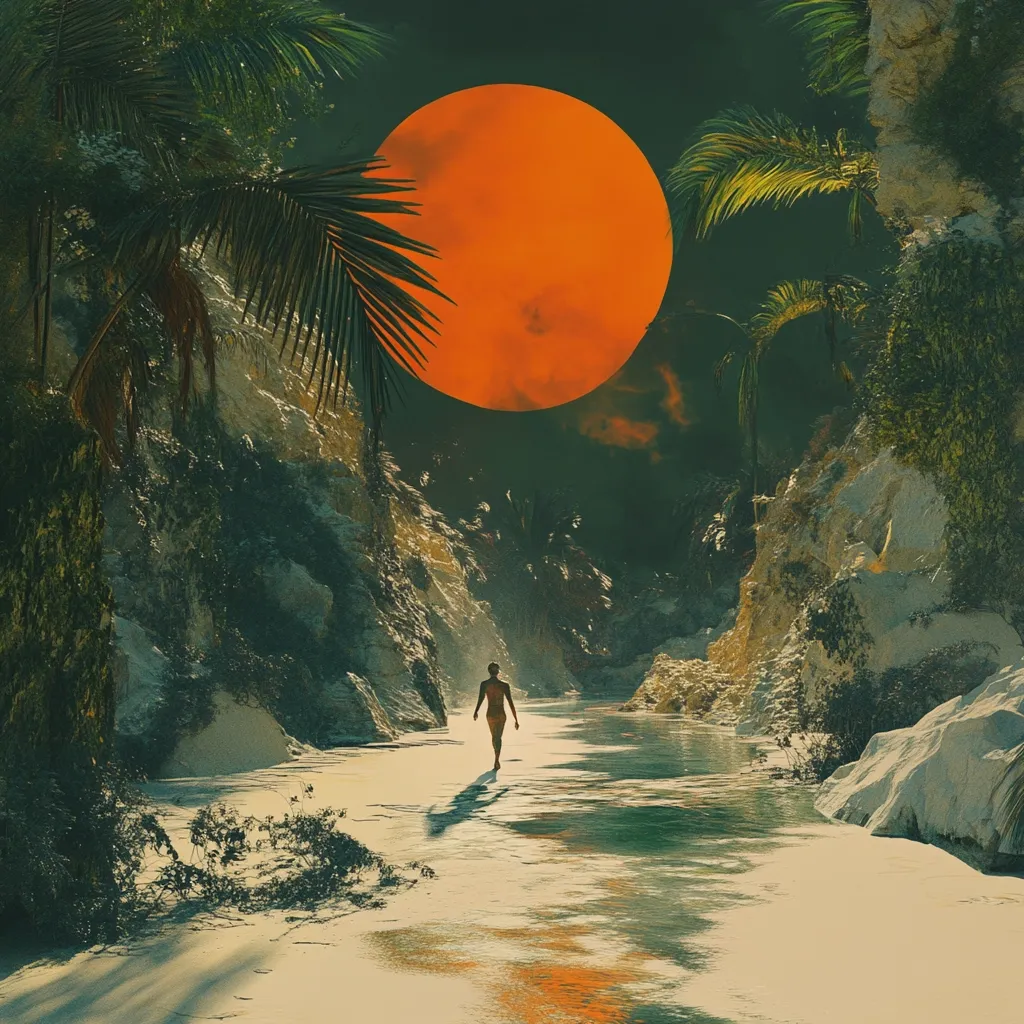 A solitary figure walks along a tranquil beach, a narrow stream meandering beside them.  Towering, pale cliffs rise on either side, lush with tropical vegetation under a dramatic, oversized orange sun. The scene evokes a surreal, almost dreamlike atmosphere, with a blend of warm and cool tones creating a mysterious and captivating image.  The contrast between the person’s small size and the immense landscape emphasizes the vastness of the setting.