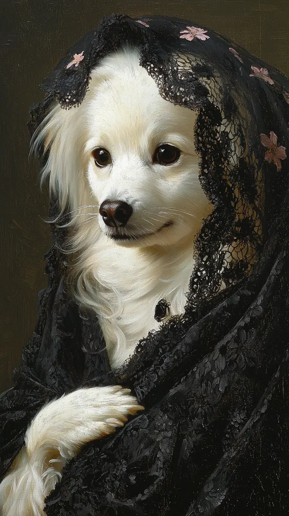 Here's a description of the image:

The painting depicts a white, fluffy dog, possibly a Pomeranian, elegantly draped in a black lace shawl adorned with delicate pink flowers. The dog's fur is meticulously rendered, showcasing its soft texture.  Its dark eyes are expressive, and its pose is serene and dignified, almost regal. The black lace contrasts beautifully with the dog's white fur, creating a visually striking image reminiscent of classic portraiture. The overall style evokes a sense of timeless elegance and sophistication.