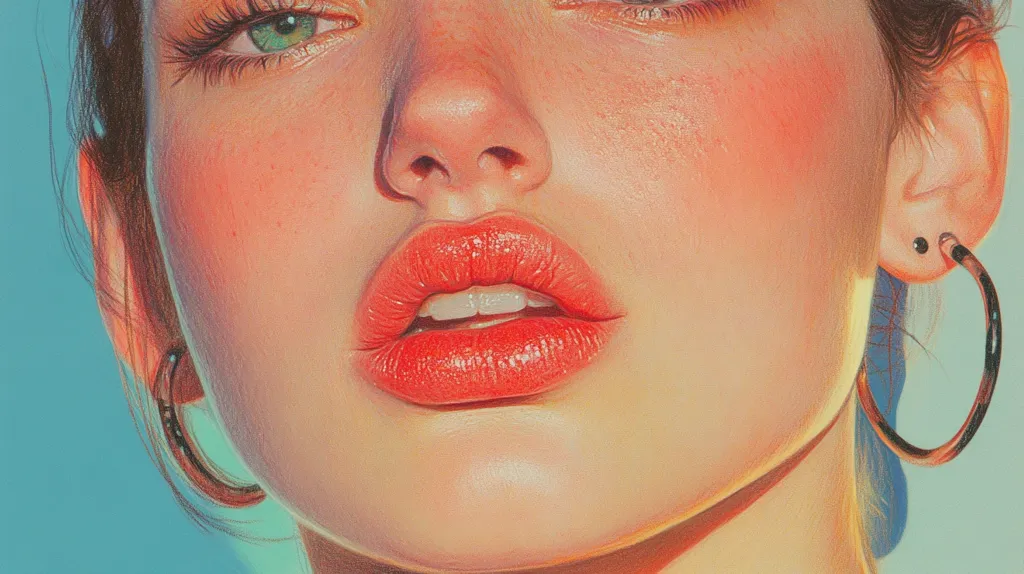 Close-up of a hyperrealistic painting depicting a woman's face.  Her skin is smooth with a warm, peachy tone, highlighted by sunlight.  She has bright green eyes with long lashes, and full, coral-colored lips.  She wears simple hoop earrings. The style is reminiscent of vintage photography, with a focus on light and shadow.  The image emphasizes beauty and the details of the face.