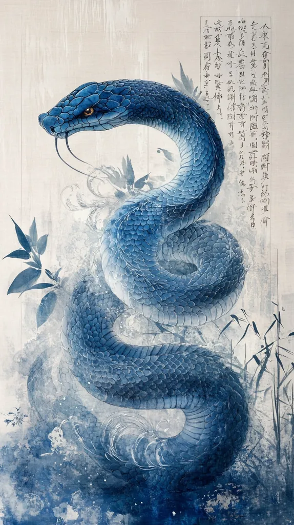 Here's a description of the image:

The artwork depicts a stylized, cobalt blue serpent coiled gracefully.  Its scales are meticulously detailed, creating a sense of texture and depth. The snake is presented against a muted, off-white background featuring washes of blue suggesting water or mist.  Delicate, ink-wash style plants, possibly bamboo and leaves, are subtly incorporated into the composition.  To the right,  unidentified Chinese calligraphy adds a layer of cultural context. The overall style blends realism with traditional East Asian painting techniques.