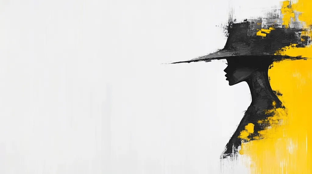 The abstract painting depicts a stylized female figure in profile, wearing a wide-brimmed hat.  Rendered in shades of black and grey, the figure is partially obscured by bold, expressive brushstrokes.  She is positioned against a vibrant yellow background that contrasts sharply with her dark silhouette, creating a striking visual dichotomy. The style is impressionistic, emphasizing texture and emotion over precise detail.  A significant portion of the left side is left blank, allowing the figure to dominate the composition.