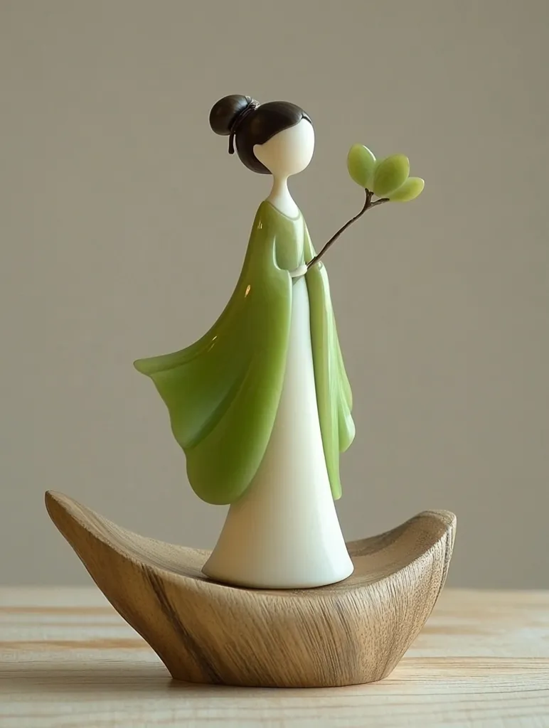 Here is a description of the image:

The image shows a delicate figurine of a woman, seemingly crafted from glass or ceramic.  She's dressed in a flowing, pale green robe over a white underdress, her dark hair styled in a topknot. She holds a small branch with delicate green leaves. The figurine rests gracefully on a simple, sculpted wooden base shaped like a small boat or crescent. The overall style is minimalist and elegant, with muted colors and smooth textures. The background is a soft, neutral tone, drawing attention to the figurine's serene beauty.