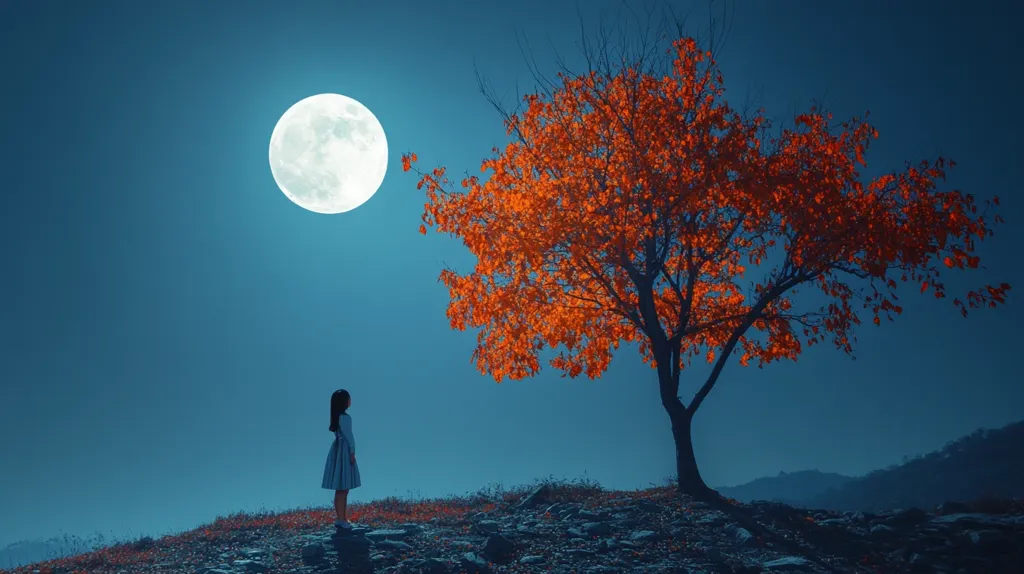 A young girl in a light blue dress stands silhouetted against a vibrant autumnal scene.  A large, bright full moon illuminates the night sky, casting a serene glow on a striking orange tree. The girl gazes towards the moon and tree, creating a sense of peace and contemplation.  The rocky landscape suggests a hilltop location, adding to the dramatic, almost ethereal ambiance of the image.