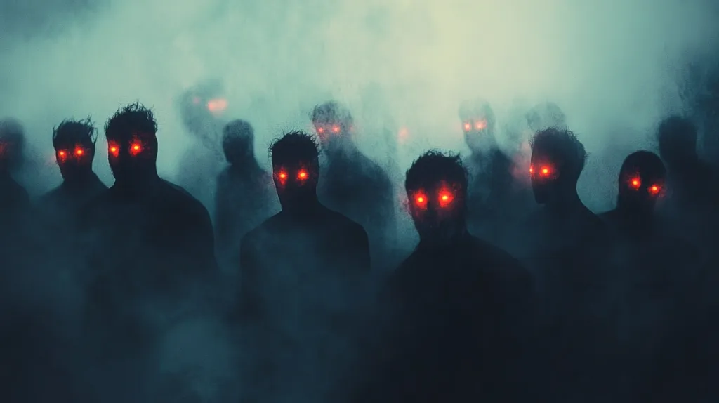 The image depicts a multitude of shadowy figures shrouded in a thick, ethereal fog. Their forms are indistinct, yet glowing red eyes pierce the darkness, giving them a menacing and eerie presence. The overall atmosphere is one of mystery and dread, suggesting a horror or fantasy theme. The figures appear to be moving as a group, creating a sense of unease and foreboding. The color palette is predominantly dark teal and black, enhancing the gloomy and ominous mood.