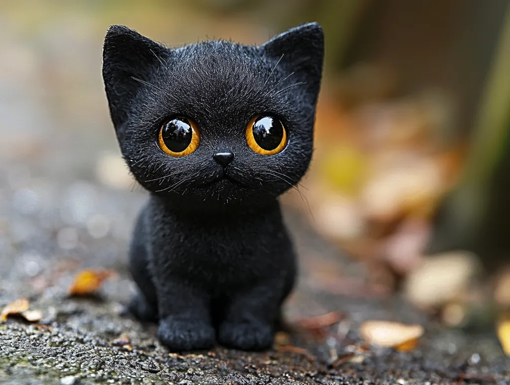 Here is a description of the image:

Close-up view of an adorable, stylized black kitten.  Its fur appears plush, and its large, round eyes are a striking amber color. The kitten is sitting on a dark, textured surface, possibly stone or wood, with blurred autumn leaves in the background. The overall aesthetic is cute and slightly surreal, possibly suggesting a digitally enhanced or artistic rendering of a cat. The focus is sharply on the kitten, making it the clear center of attention.