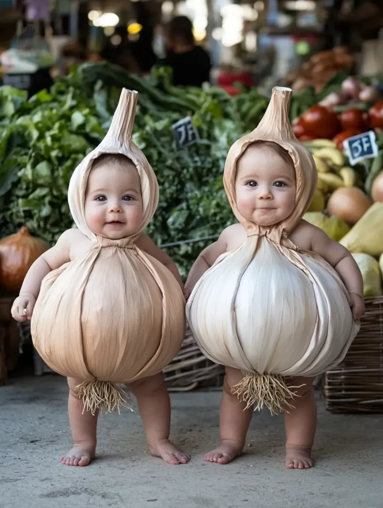 Here's a description of the image:

Two adorable babies, dressed in identical handcrafted garlic bulb costumes, stand side-by-side in a bustling outdoor market setting. The costumes are realistically detailed, extending from their heads to their knees, with the root ends playfully dangling between their legs. The babies' expressions are serene and captivating, adding a touch of humor to the scene.  The background is slightly blurred, revealing a variety of fresh produce, including leafy greens and tomatoes, adding to the overall market ambiance. The babies' chubby legs and feet are visible, making the image incredibly endearing.