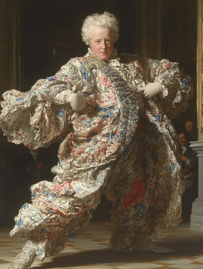 The painting depicts a man in a flamboyant, ruffled, floral-patterned robe.  His powdered white wig and white gloves contrast with the garment’s vibrant colors. He appears mid-stride, his pose dynamic and expressive.  The background suggests a grand interior, with hints of other figures and architectural details.  The overall style is reminiscent of 18th-century portraiture, showcasing both opulence and a theatrical quality. The man’s expression is slightly amused or self-assured.