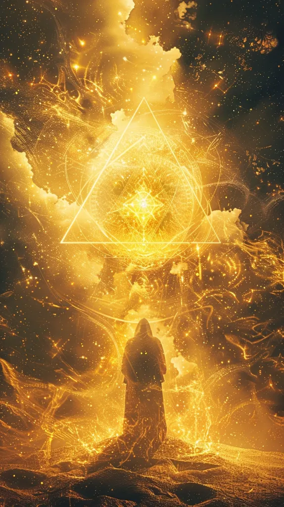 The image depicts a hooded figure, cloaked and standing before a celestial spectacle.  A glowing, golden triangle encompasses a radiant orb at its center, radiating light and energy.  The background is a swirling mix of gold and dark hues, resembling a nebula or cosmic event. The overall atmosphere is mystical and otherworldly, suggesting a powerful, sacred, or spiritual event. The figure appears small in scale compared to the grandeur of the cosmic display, emphasizing the vastness of the scene.