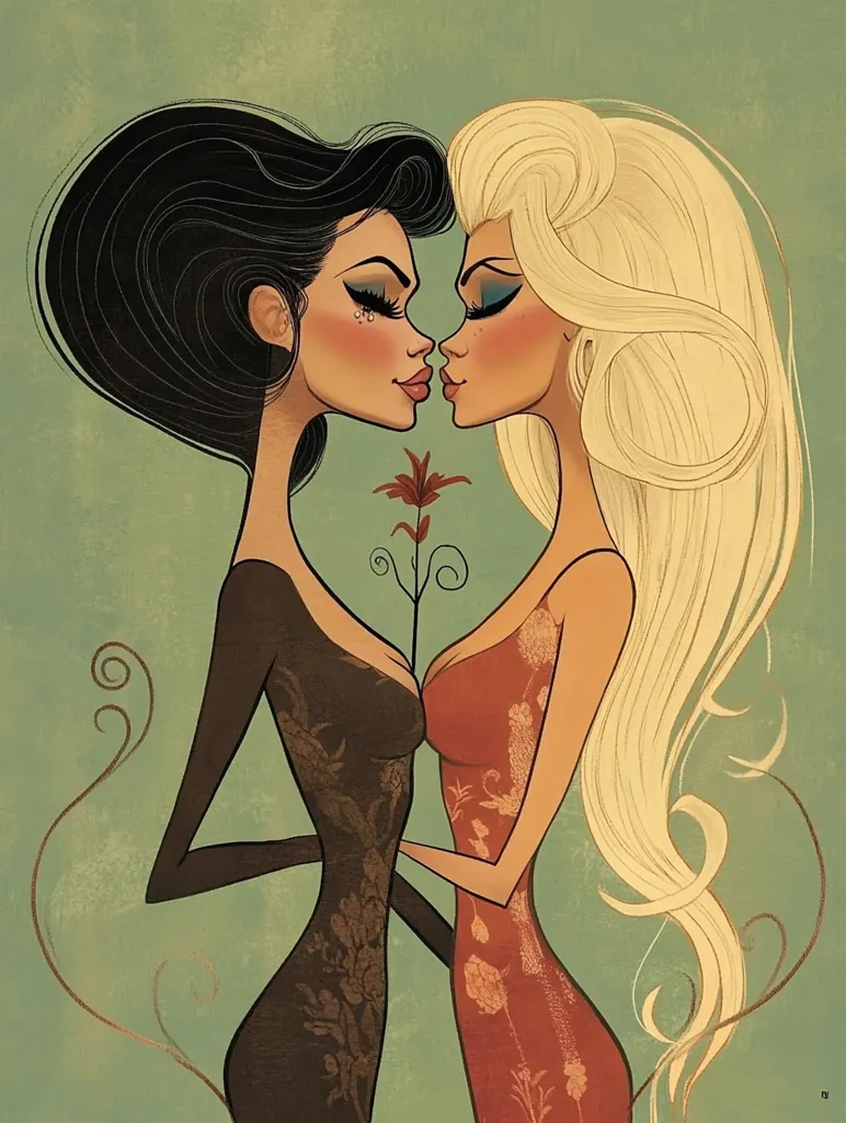 Here's a description of the image:

The illustration depicts two stylized women, one with long black hair and a dark dress, the other with long blonde hair and a reddish-orange dress.  They are positioned facing each other, their foreheads nearly touching, creating a sense of intimacy.  Both women have exaggerated features, reminiscent of pin-up art or cartoon styles.  A small red flower is held between them, symbolizing their connection. The background is a muted sage green, providing a calm contrast to the vibrant women and their clothing.  The style is elegant and slightly vintage, with flowing lines and a sophisticated color palette.