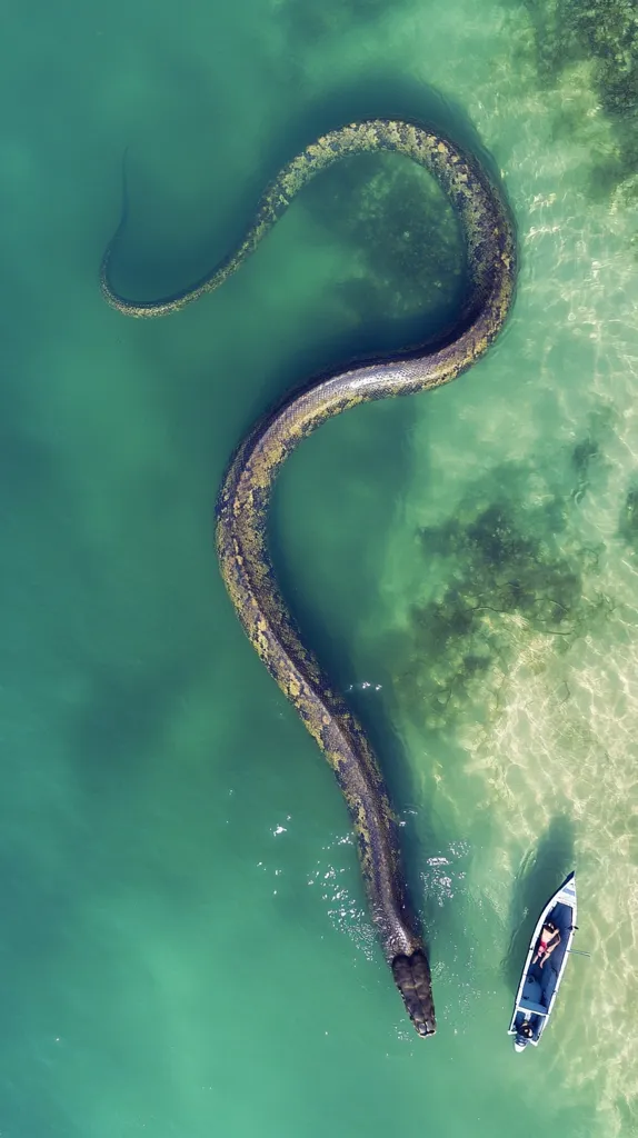 Here's a description of the image:

An aerial shot reveals a colossal reticulated python gracefully navigating shallow, teal-green water.  Its massive body curves in an elegant S-shape, extending across most of the frame. The snake's dark scales are visible, contrasting against the lighter, clear water. A small boat, occupied by a person, is positioned in the bottom right corner, providing a scale reference to highlight the snake's immense size. The surrounding water is relatively calm, with patches of lighter sand visible beneath the surface, creating a serene yet slightly unsettling scene.