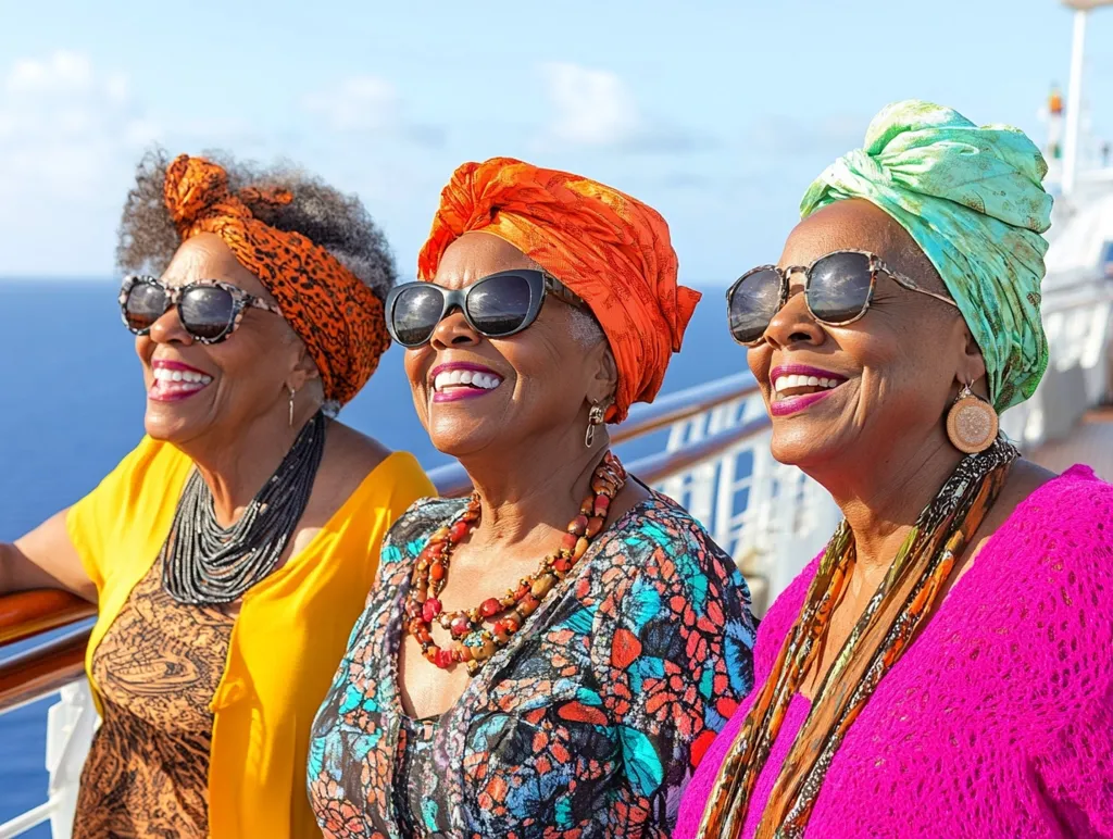 Three stylish older women of color, each wearing vibrant headwraps and sunglasses, stand on a cruise ship deck.  They are smiling and enjoying the ocean view.  Their outfits are colorful and patterned, showcasing diverse styles.  The scene exudes joy and a sense of carefree travel and friendship. The background features a clear blue ocean and a portion of the cruise ship.