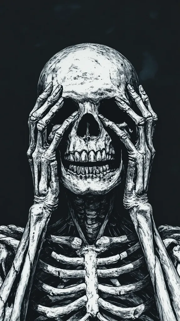 Here is a description of the image:

The illustration showcases a detailed depiction of a skeleton's upper body, rendered in stark black and white.  The skeleton's hands are raised, covering its eye sockets in a gesture that suggests despair or denial. The skull exhibits a grinning expression, creating a jarring contrast between the macabre imagery and the action of shielding the eyes.  The style is reminiscent of a dark, gothic pen-and-ink drawing, with textured shading emphasizing the skeletal features and creating a sense of depth and unease. The background is a plain dark gray, allowing the skeleton to be the clear focal point.