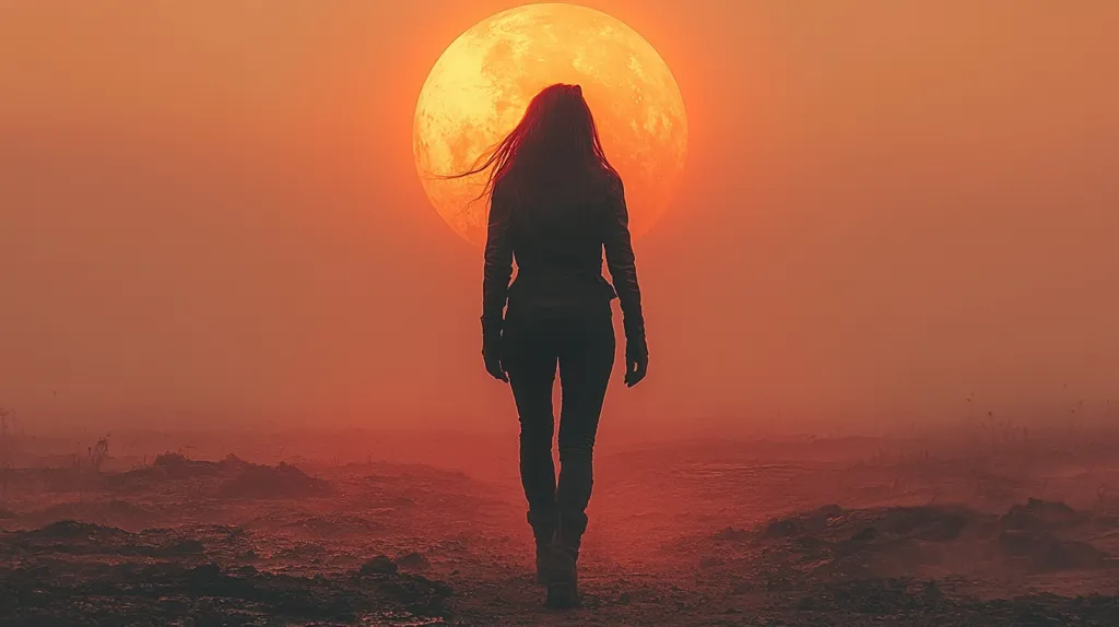 The image shows the silhouetted figure of a woman with long hair walking away from the viewer. She is positioned in the foreground against a backdrop of a large, fiery orange sun or moon dominating the sky.  A hazy, reddish-orange fog or dust obscures the landscape, giving the scene an apocalyptic or surreal quality. The overall mood is one of solitude and mystery.