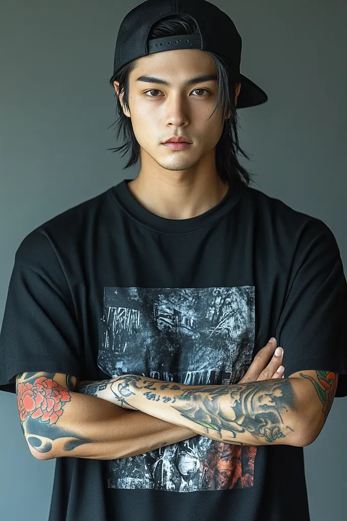 A young man with long black hair, a black baseball cap, and a black t-shirt with a graphic print poses with his arms crossed.  His arms are heavily tattooed, showcasing colorful and detailed designs.  He has a serious expression, and his gaze is directly at the camera. The background is a simple, muted gray. The overall style is edgy and fashionable.