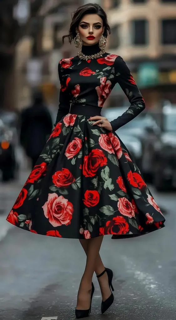 Here's a description of the image:

A striking woman with dark hair and makeup is elegantly posed in a midi-length dress. The dress, a black background adorned with large, vibrant red roses, features a high neck and long sleeves.  A defined waistline accentuates the flared skirt.  She wears statement earrings and a substantial necklace, adding to her sophisticated appearance.  The setting appears to be a city street, and she's wearing black high-heeled pumps, completing the chic ensemble. The overall impression is one of bold, confident fashion.