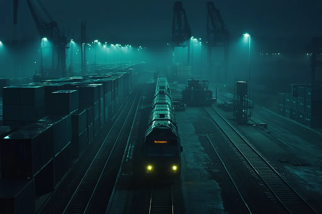 A long freight train slowly makes its way through a misty, neon-lit nighttime cargo port.  Rows of shipping containers line the tracks on either side, under towering cranes silhouetted against the dark sky.  The scene is shrouded in an eerie, teal-colored fog, giving it a mysterious and atmospheric quality.  The only bright lights illuminate the train and the surrounding area, highlighting the industrial landscape.
