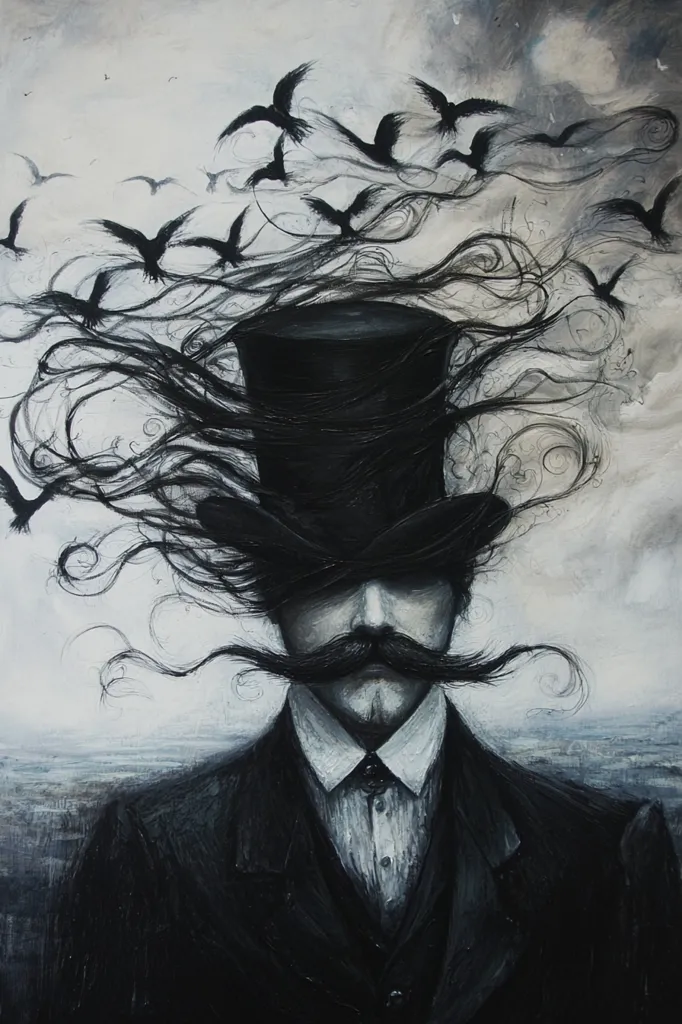 Here's a description of the image:

The artwork is a monochromatic, almost entirely black and white, portrait of a man in a top hat. His long, flowing mustache and hair are depicted as swirling, chaotic strands, partially obscuring his face.  Many black birds, seemingly crows, are flying amidst his hair, adding to the overall dark and dramatic mood. The background is a hazy, somber landscape, complementing the mysterious and slightly unsettling atmosphere of the portrait.  The style is expressive and possibly surreal, drawing attention to the man's obscured identity and the powerful symbolism of the swirling hair and birds.