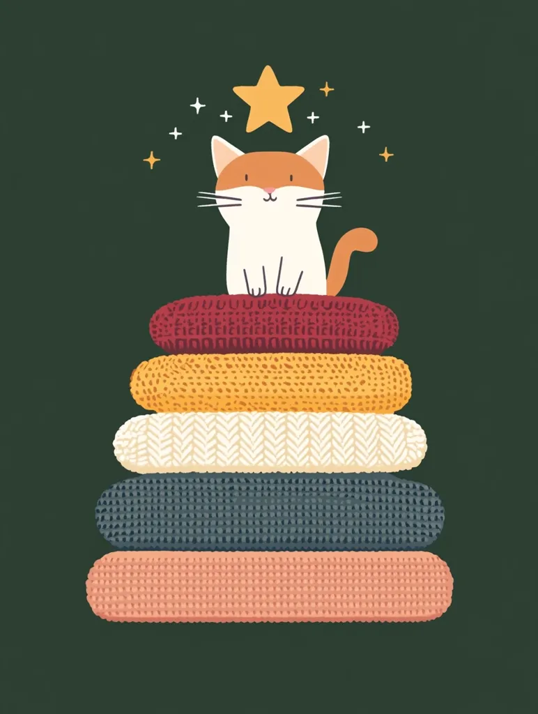 Here's a description of the image:

The illustration features a cute orange and white cat sitting atop a stack of five cozy, knitted blankets. The blankets are arranged in a pyramid shape, with each layer exhibiting a different pastel color: burgundy, mustard yellow, off-white, slate grey, and finally, a soft coral at the base.  Above the cat, a gold star shines, surrounded by small, sparkling lights, adding a magical, whimsical touch. The background is a dark teal, providing a contrasting backdrop that highlights the warm colors of the cat and blankets. The overall style is playful and charming, evoking feelings of warmth and comfort.