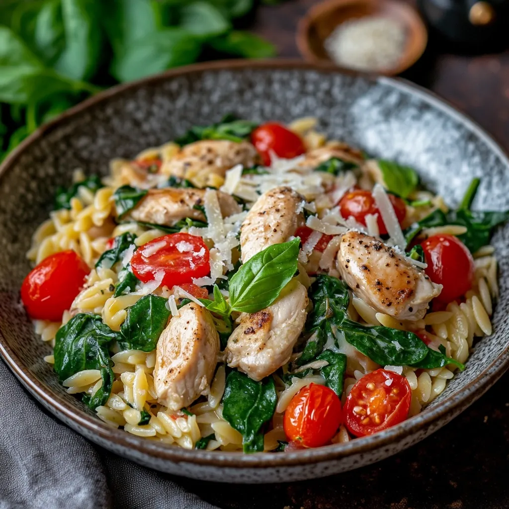 Here's a description of the image:

A close-up shot shows a bowl of orzo pasta tossed with grilled chicken, spinach, cherry tomatoes, and shaved Parmesan cheese.  The orzo is lightly creamy, and the chicken appears tender and slightly browned.  Fresh basil leaves add a touch of green, and the vibrant red of the tomatoes contrasts beautifully with the greens and creamy tones. The bowl is a dark gray, enhancing the dish's visual appeal. The background is slightly blurred, focusing attention on the appetizing pasta dish.