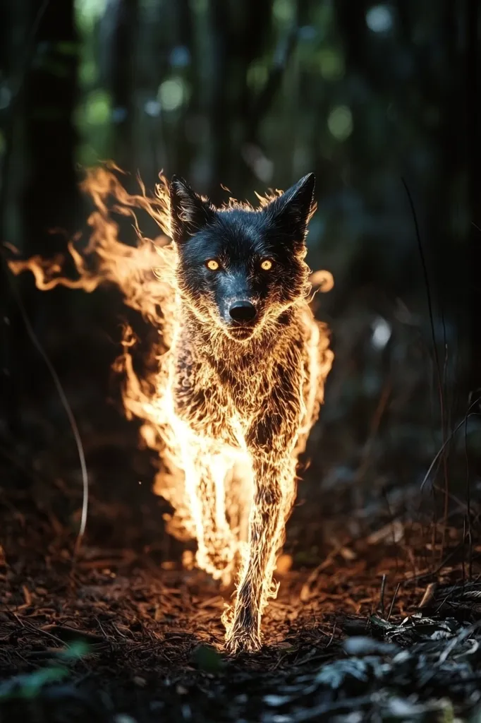 A black wolf, seemingly engulfed in flames, strides purposefully through a dark forest. The fire, a vibrant orange and yellow, appears to emanate from the wolf's body, creating a surreal and mystical effect.  The wolf's intense gaze is directed towards the viewer, adding to the image's powerful and captivating aura. The dark, shadowy background emphasizes the wolf and the fiery spectacle. The scene suggests a mythical creature or a powerful, elemental force.