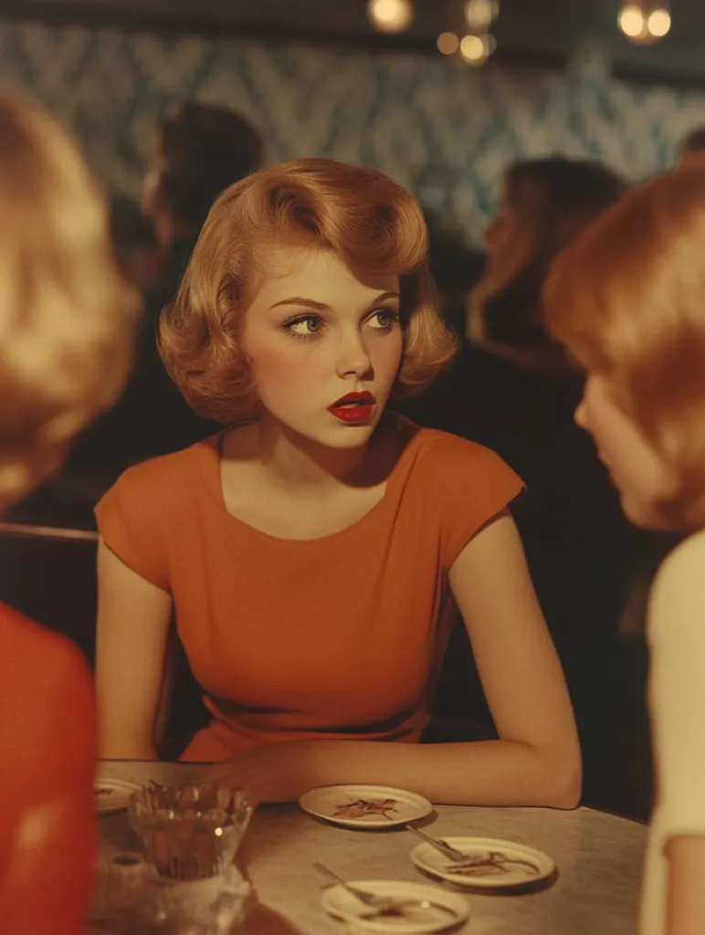 Here's a description of the image:

The photograph is a close-up of a young woman with a stylish 1950s-era bouffant hairstyle.  She's wearing a burnt-orange, short-sleeved dress and is seated at a table in what appears to be a dimly lit diner or restaurant. Her makeup is classic and her expression is thoughtful, almost pensive.  She sits between two other women, only partially visible, suggesting a social setting. The overall mood is nostalgic and evokes a sense of mid-century glamour. Small dessert plates are scattered on the table in front of her. The warm lighting enhances the vintage aesthetic.