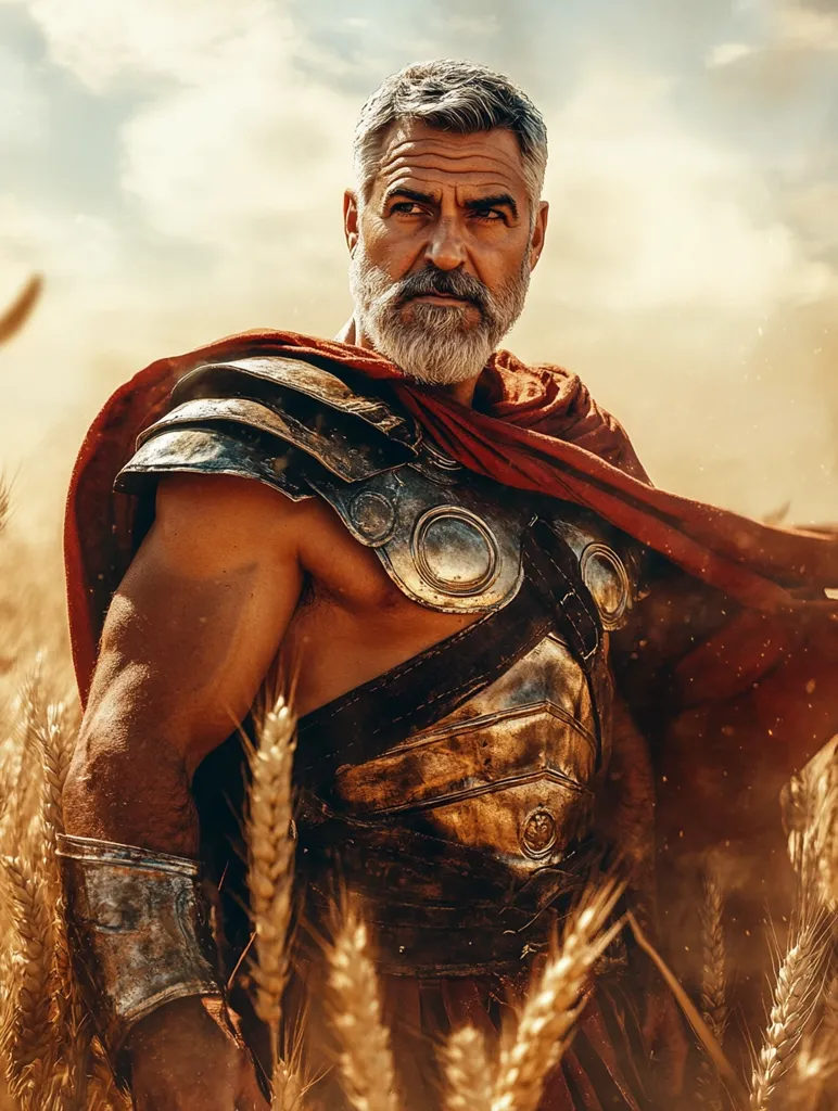 A muscular, older man with a graying beard and short hair stands in a golden wheat field. He's clad in a partially visible, ornate Roman-style breastplate and armor, complemented by a flowing red cape or garment.  The image is styled dramatically, with dusty, sun-drenched lighting enhancing the heroic and weathered appearance of the subject. He gazes intently off-camera, suggesting a seasoned warrior contemplating his surroundings.  The overall mood is one of strength, resilience, and a sense of quiet contemplation.