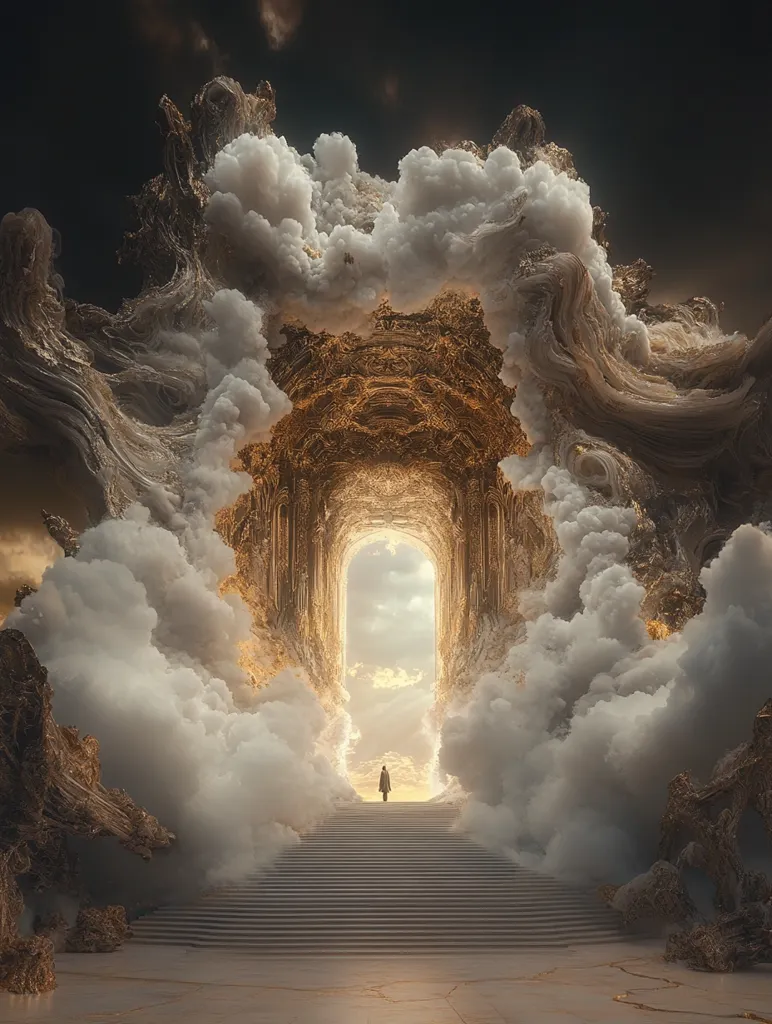 A lone figure stands at the base of a grand staircase leading to a luminous archway.  The archway, crafted from ornate, gold-like material, is nestled within a swirling mass of clouds, which take on sculptural, almost organic forms.  The scene is ethereal and dreamlike, evoking a sense of ascension or passage to another realm.  The overall color palette is muted and warm, with golds and creams contrasting against the soft whites and greys of the clouds.