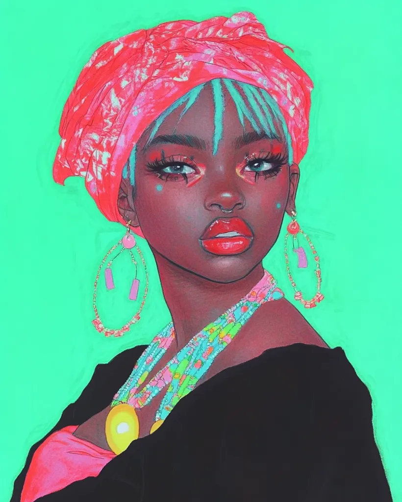A stylized portrait of a Black woman is presented against a vibrant teal backdrop.  She wears a coral headscarf with white floral patterns, teal hair peeking from beneath, and large hoop earrings with pink accents.  Her makeup is bold, with bright eyes and lips.  She's adorned with layered necklaces in a mix of pastel and bright colors, and a prominent gold pendant. Her expression is poised and confident. The overall style is vibrant and illustrative, with a bold use of color and line.