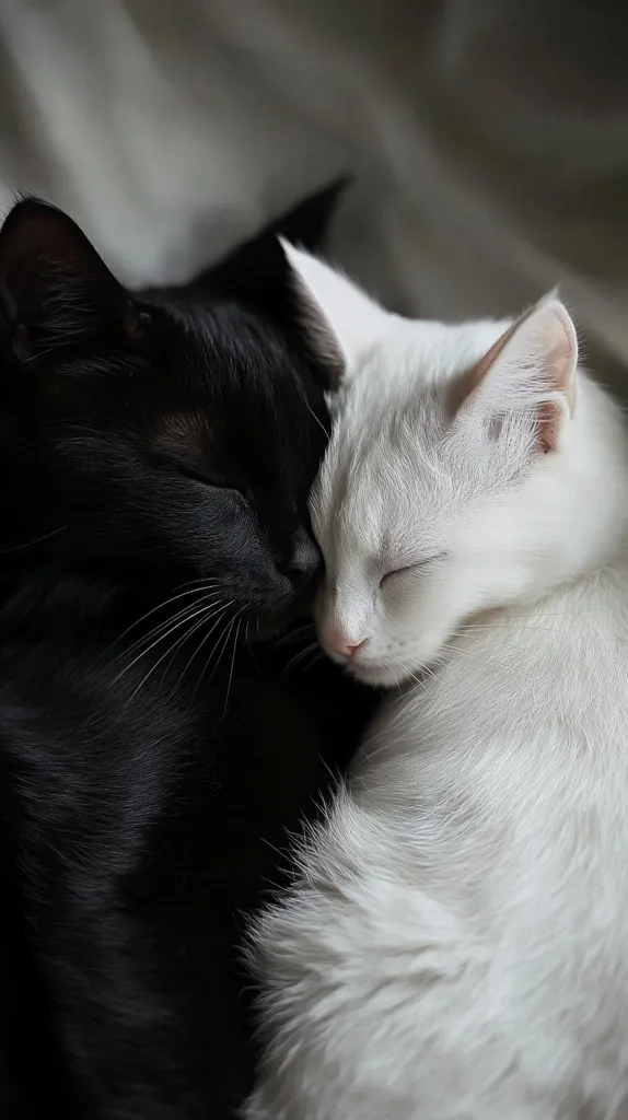 Here's a description of the image:

Close-up view of two cats nestled together, appearing to be asleep. One cat is entirely black with sleek fur, while the other is pure white with soft, fluffy fur.  Their heads are touching, showcasing a striking contrast in color and texture. The background is blurred, suggesting a soft, possibly fabric-covered surface.  The overall mood is peaceful and serene, emphasizing the bond between the two animals. The image is sharply focused on the cats' faces and upper bodies.
