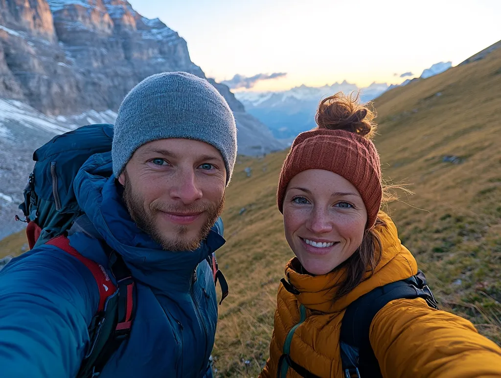 A smiling couple takes a selfie against a breathtaking mountain backdrop.  The man wears a gray beanie and blue jacket, a backpack slung over his shoulders. The woman sports a burnt orange beanie and a mustard-yellow puffer jacket, also with a backpack.  The setting sun illuminates the golden-brown grassy hillside and snow-capped peaks in the distance, creating a dramatic, picturesque scene.  The image conveys a sense of adventure and joy in the natural world.