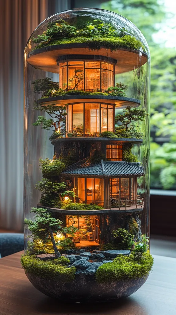A miniature three-story house, nestled within a lush, enclosed terrarium, is the captivating centerpiece of this image.  The house, illuminated from within, possesses a charming, Asian-inspired design.  Surrounding it is a vibrant ecosystem of miniature trees, moss, and rocks, creating a self-contained world within a large, clear glass enclosure. The warm interior lighting contrasts beautifully with the cool greens of the miniature landscape. The overall scene evokes a sense of tranquility and wonder.